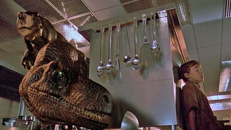 Raptors stalk the kitchen in Jurassic Park